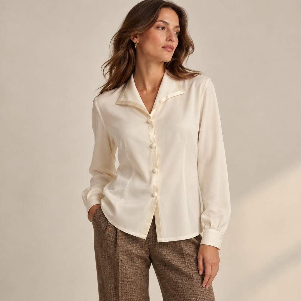 Vintage 90s Blouse Womens 8 Cream Silk Satin Trim Button Up Old money Minimalist